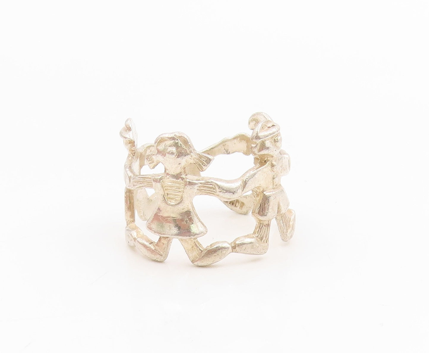 925 Sterling Silver Vintage Ring Children Holding Hands Cut Out  Sz 6  RG33949