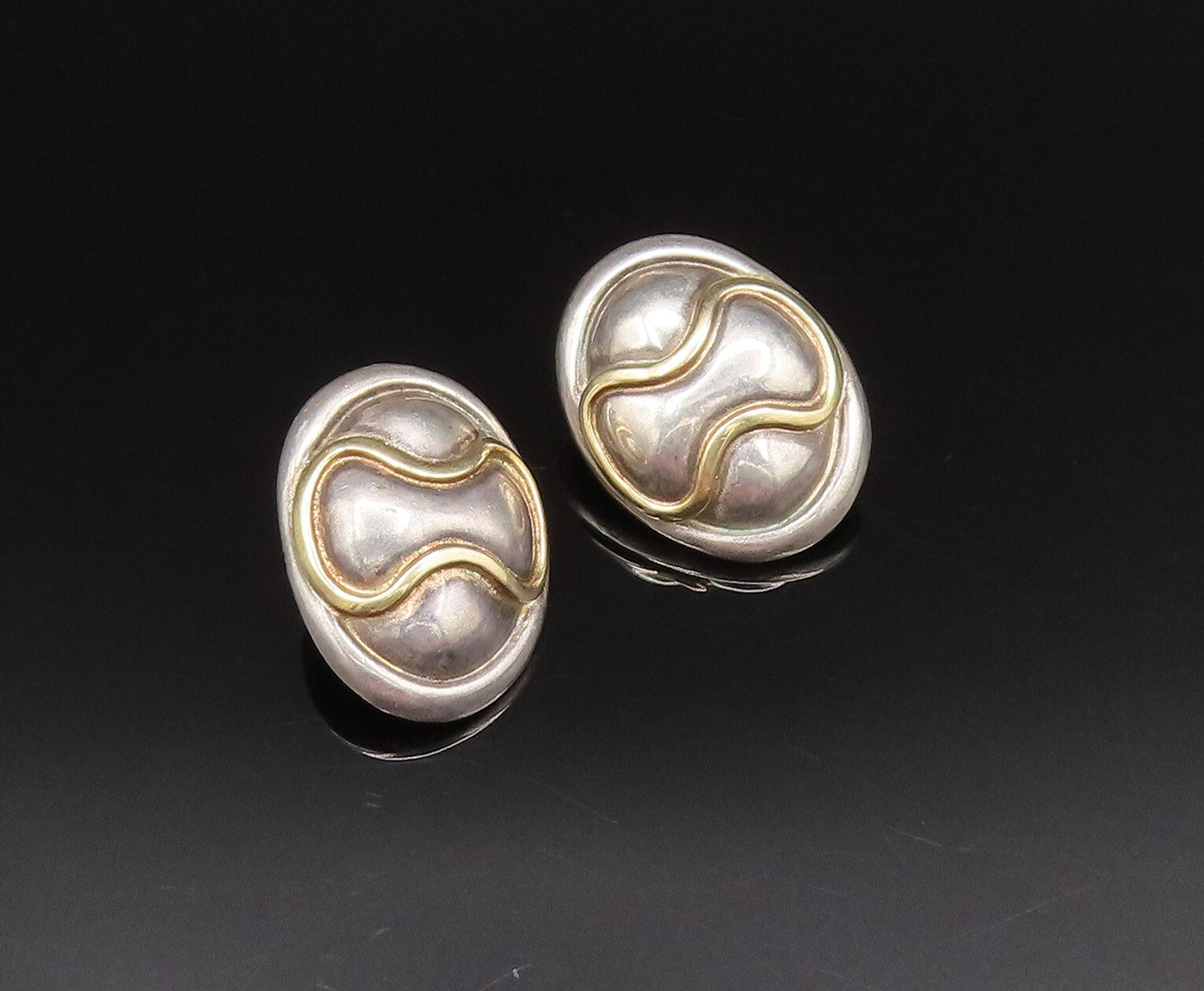ROBERT WINC 18K GOLD & 925 Silver  Vintage 2 Tone Wave Oval Earrings  EG12020