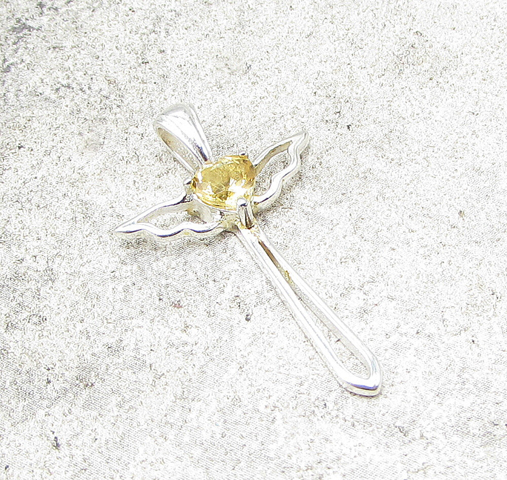 925 Sterling Silver  Faceted Citrine Love Heart Cross Drop Pendant  PT1124