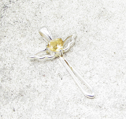 925 Sterling Silver  Faceted Citrine Love Heart Cross Drop Pendant  PT1124