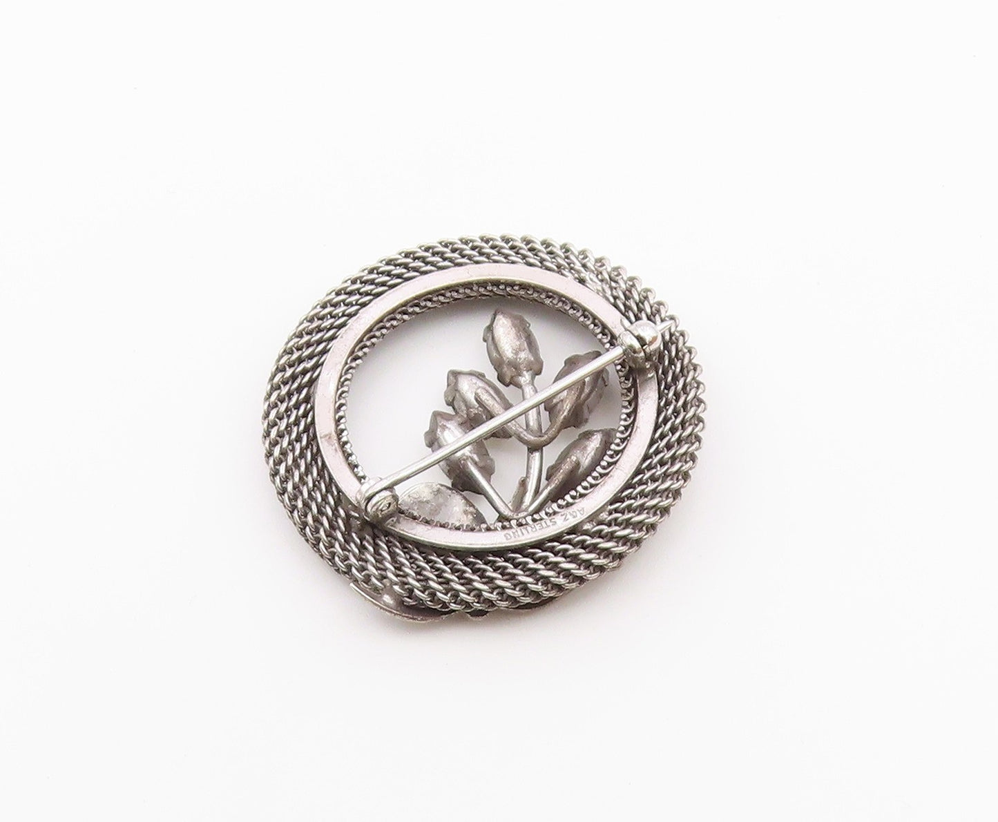 925 Sterling Silver  Vintage Round Mesh Topaz Flower Pedals Brooch Pin  BP9581