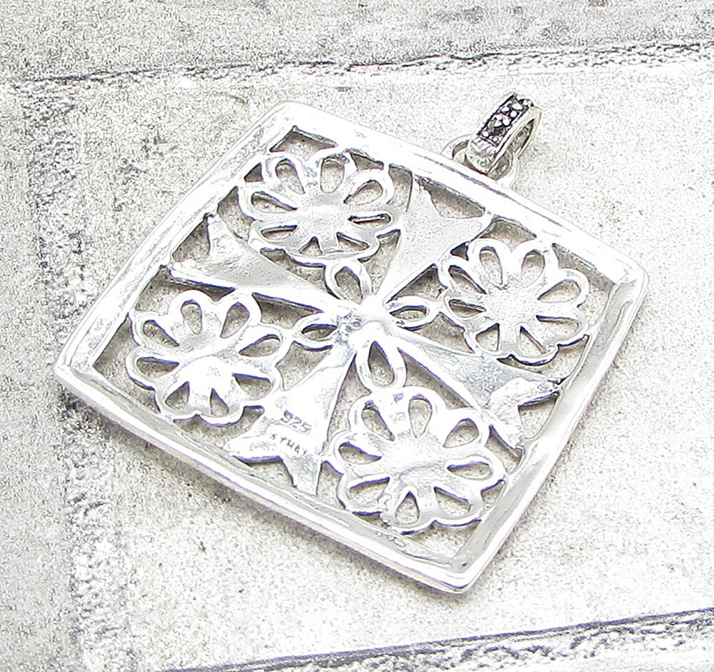 925 Sterling Silver  Marcasite Floral Art Picture Drop Pendant  PT1404