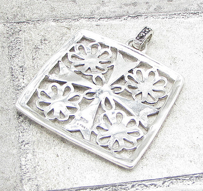 925 Sterling Silver  Marcasite Floral Art Picture Drop Pendant  PT1404