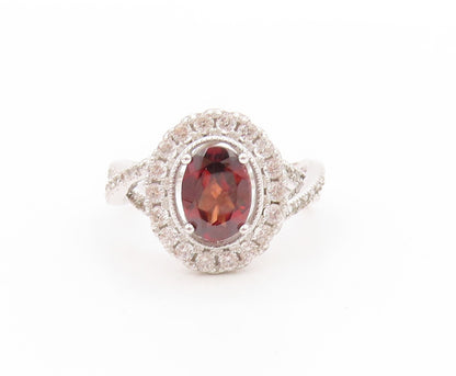 925 Sterling Silver Vintage Ring Red Garnet & Halo CZ Split Band  Sz 7  RG33630