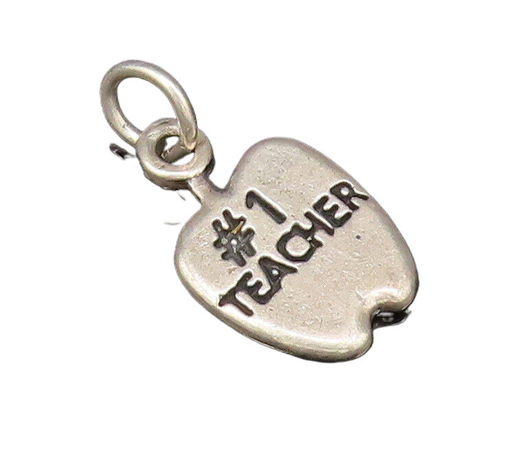 925 Sterling Silver  Vintage Engraved #1 Teacher Apple Charm Pendant  PT21352