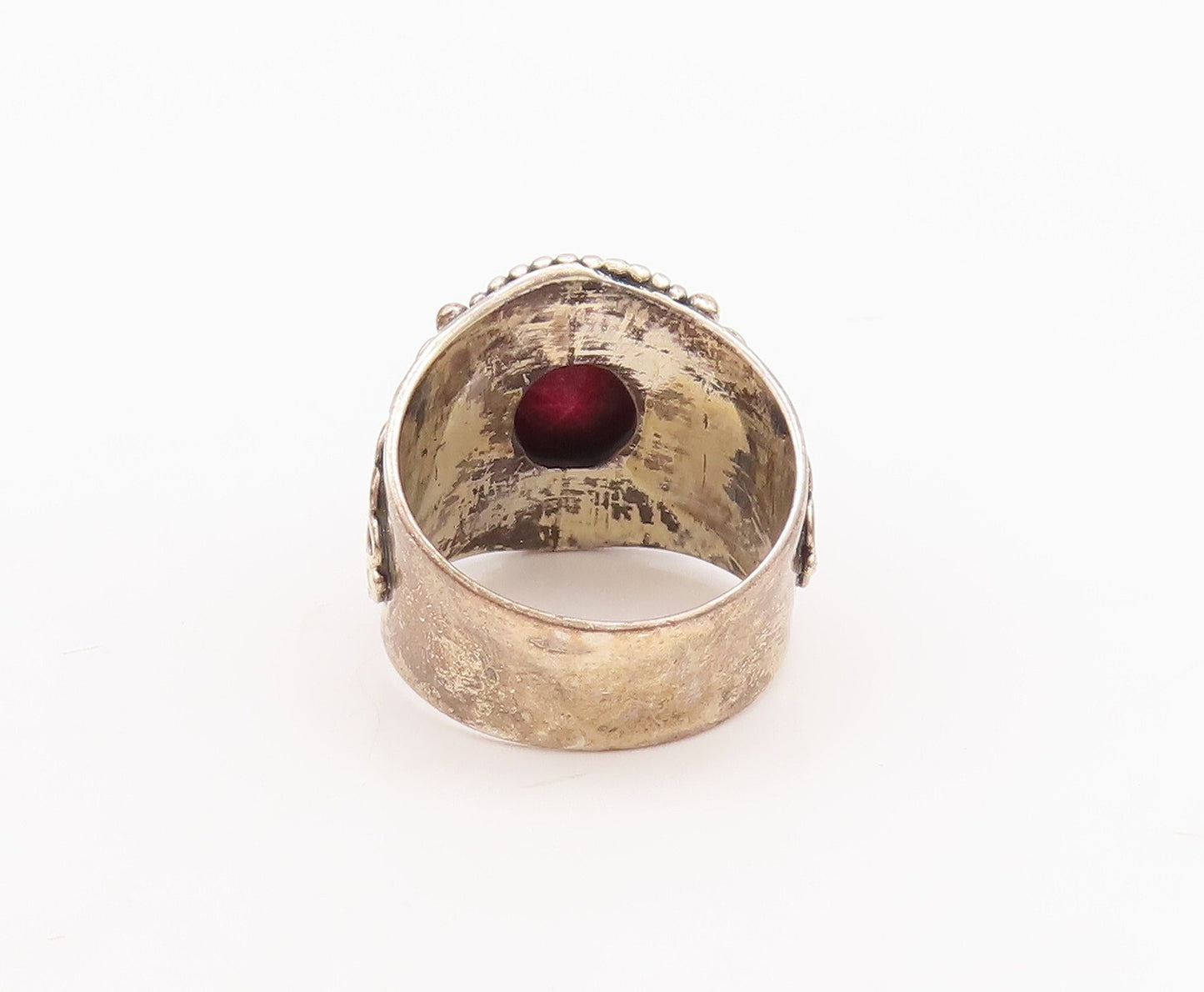 925 Sterling Silver Vintage Ring Swirly Beaded Carved Red Gemstone Sz 7  RG29604
