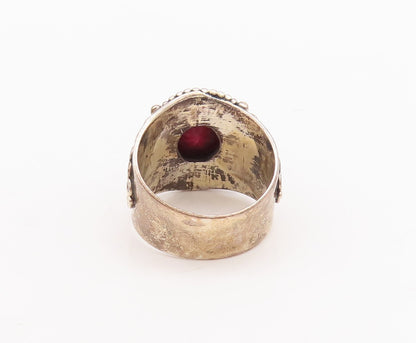 925 Sterling Silver Vintage Ring Swirly Beaded Carved Red Gemstone Sz 7  RG29604