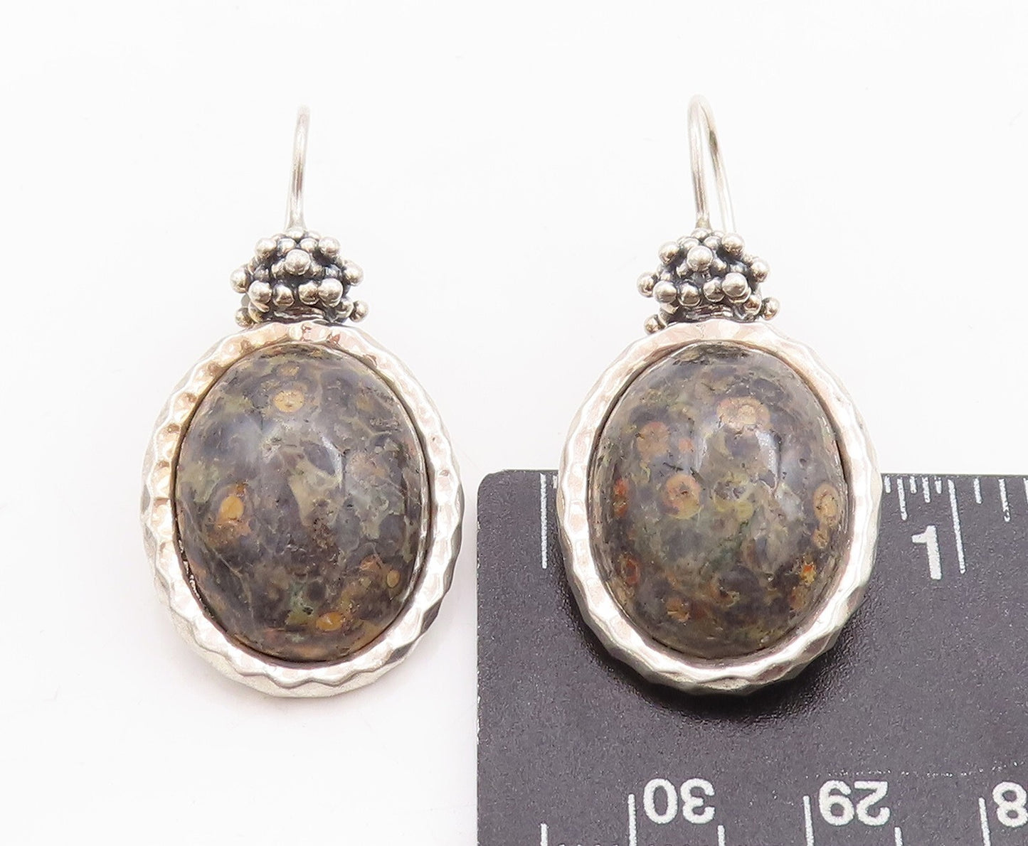 925 Sterling Silver Vintage Earrings Beaded Top Oval Fossil Agate  EG13113