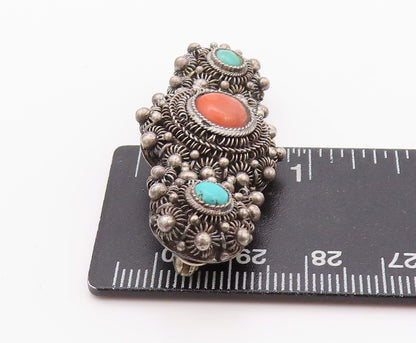 925 Sterling Silver Vintage Brooch CHINESE EXPORT Turquoise Flowers  BP11578