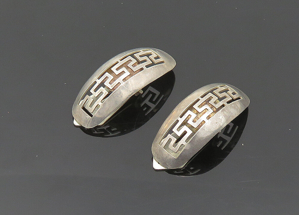 925 Sterling Silver  Vintage Open Greek Key Dome Non Pierce Earrings  EG10114