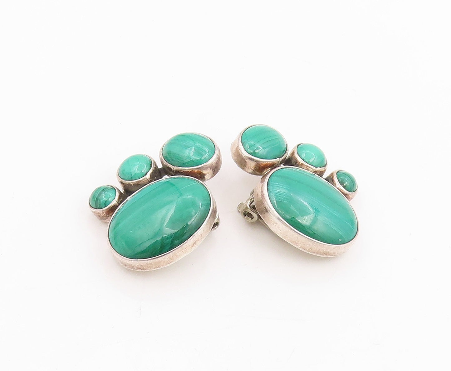 925 Sterling Silver Vintage Earrings Cabochon Malachite Elegant Clip On  EG14103