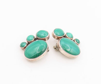 925 Sterling Silver Vintage Earrings Cabochon Malachite Elegant Clip On  EG14103