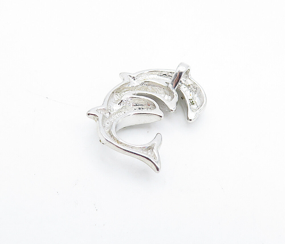 925 Sterling Silver  Sparkling Topaz Triple Leaping Dolphin Pendant  PT3003