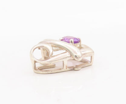 925 Sterling Silver Vintage Pendant Swirled Carved Amethyst Love Heart  PT23069