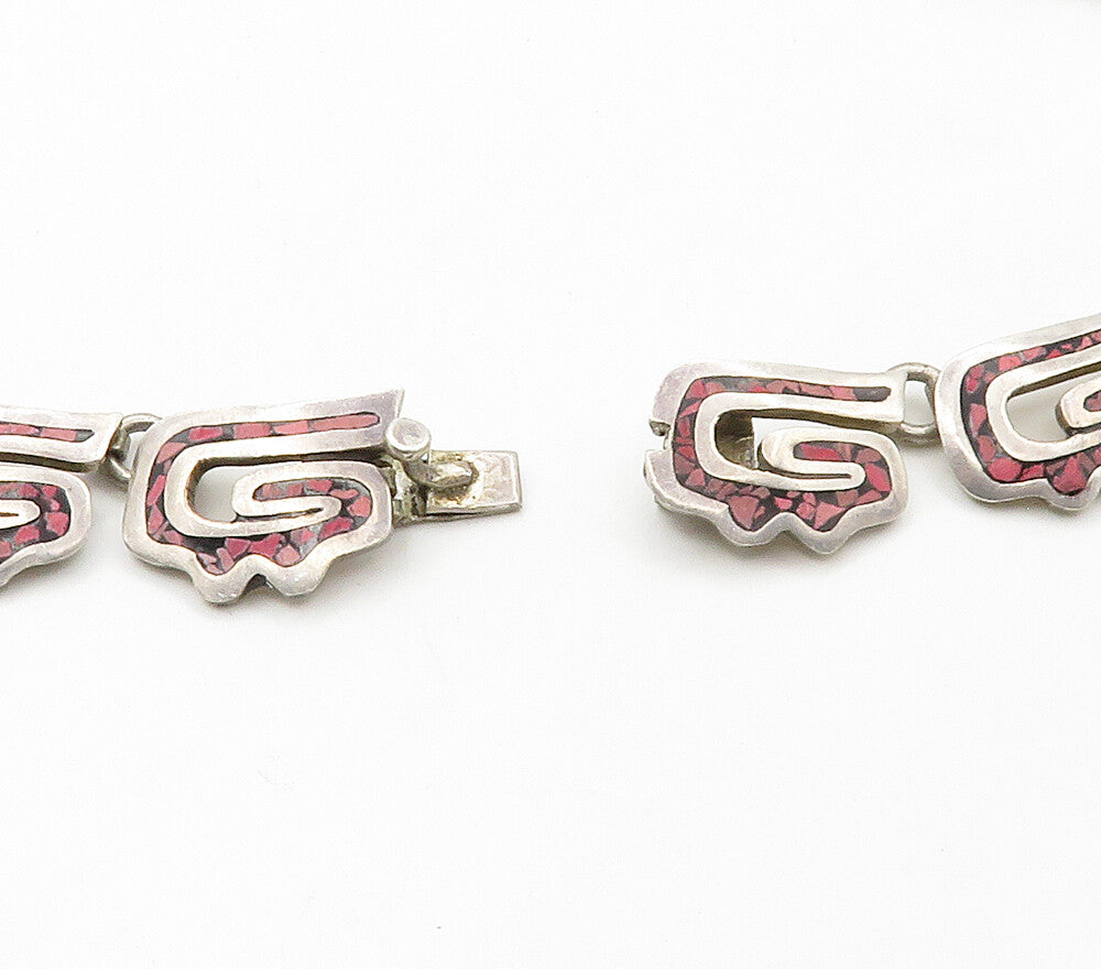 MEXICO 925 Sterling Silver Vintage Inlaid Stone Mosaic Chain Necklace  NE2604