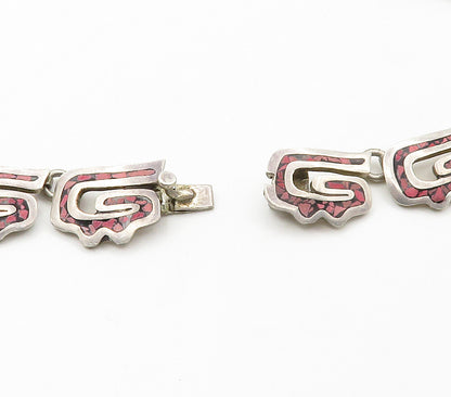 MEXICO 925 Sterling Silver Vintage Inlaid Stone Mosaic Chain Necklace  NE2604