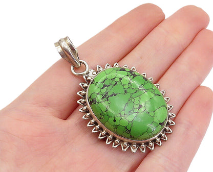925 Sterling Silver  Vintage Cabochon Cut Green Howlite Drop Pendant  PT2541