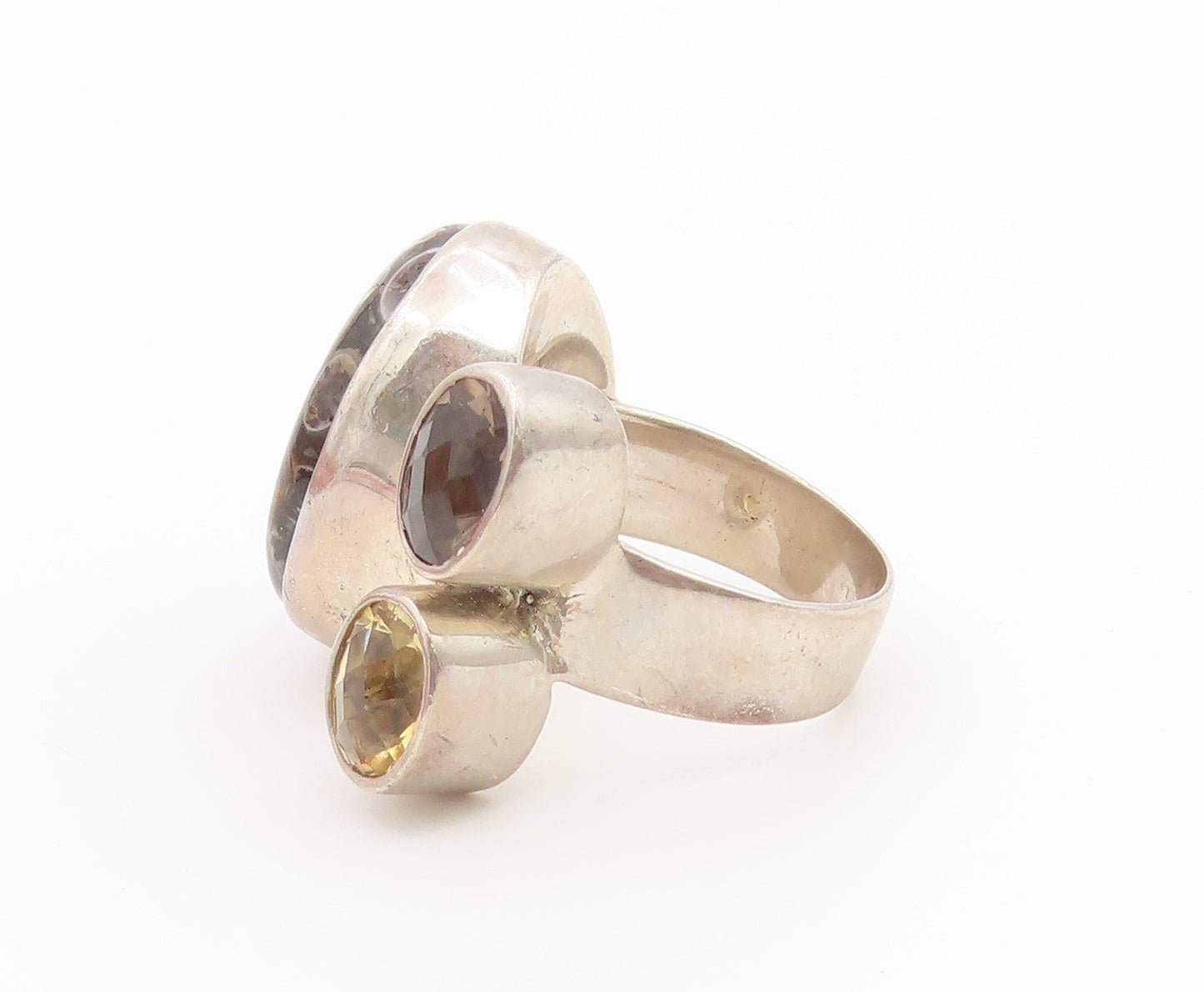925 Sterling Silver Vintage Ring ARYA Fossil Agate & Gemstone Band Sz 7 RG36665