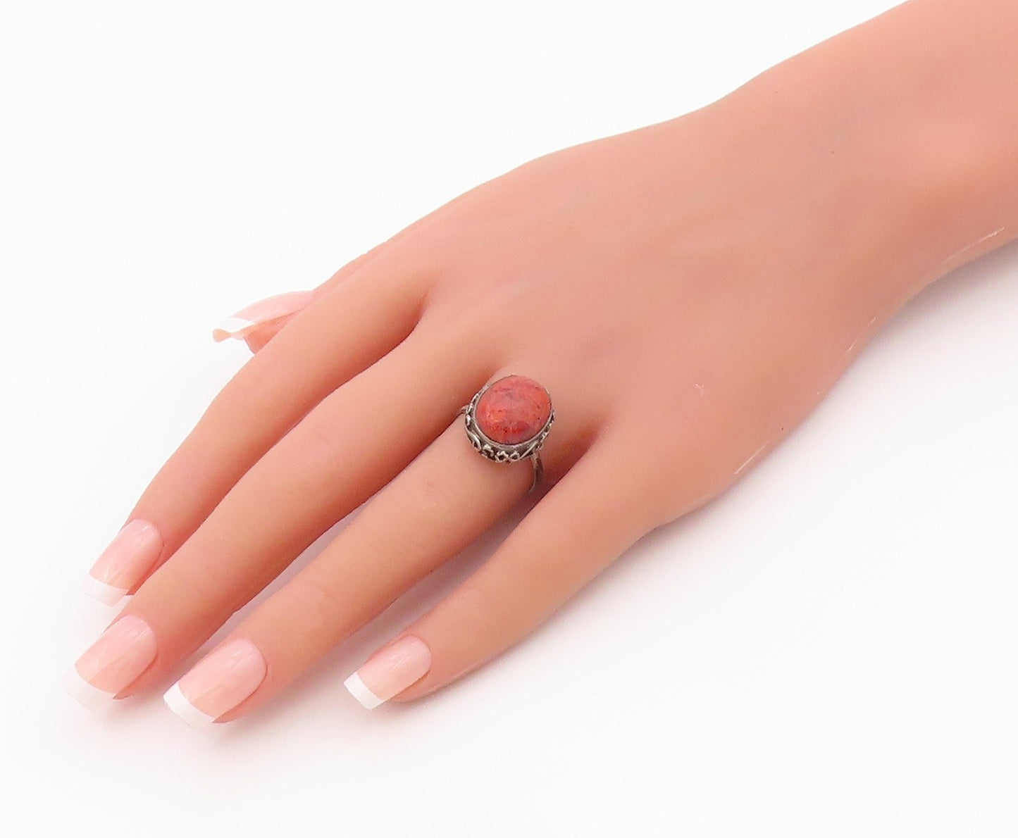 925 Sterling Silver Vintage Ring Classic Cabochon Carnelian Band Sz 7.5 RG36383