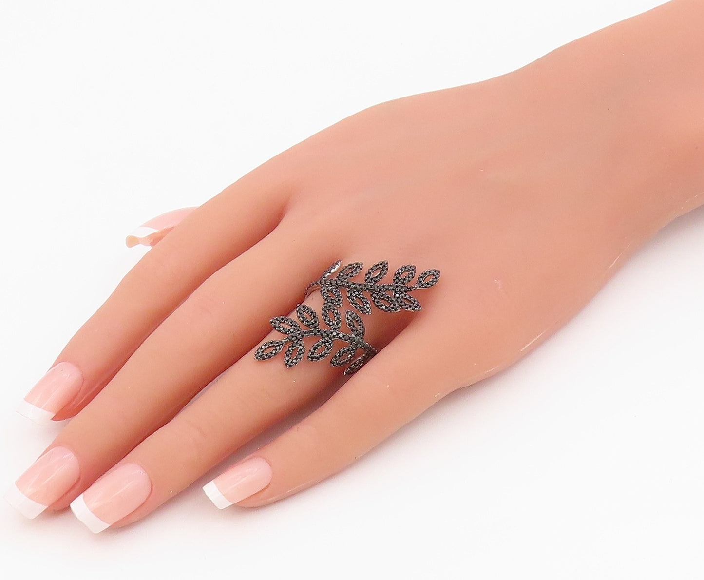 925 Sterling Silver Vintage Ring Elegant Black Spinel Leaf Bypass  Sz 9  RG36637
