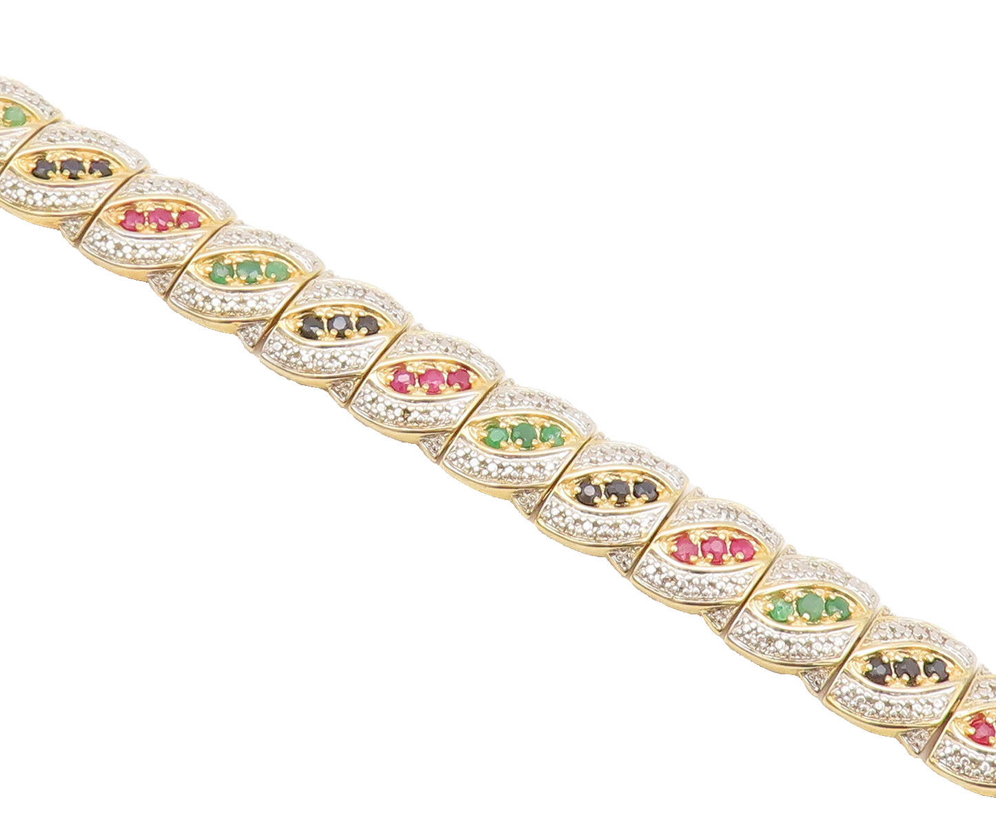 925 Silver  Vintage Gold Plated Ruby & Emerald & Sapphire CZ Bracelet  BT10124