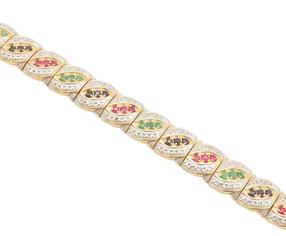 925 Silver  Vintage Gold Plated Ruby & Emerald & Sapphire CZ Bracelet  BT10124