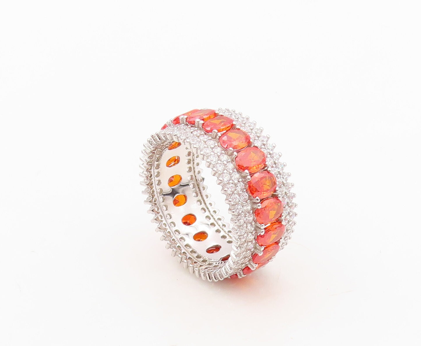 925 Sterling Silver Vintage Ring Oval Orange & White CZ Bands  Sz 7  RG30361