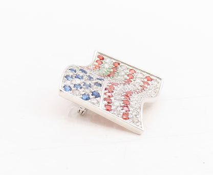 925 Sterling Silver Vintage Brooch Pin 3 Tone CZ Inlay USA Flag  BP11469