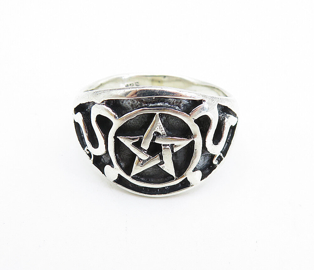 925 Sterling Silver  Vintage Pentagram Star Swirl Large Band Ring Sz 12 RG7511
