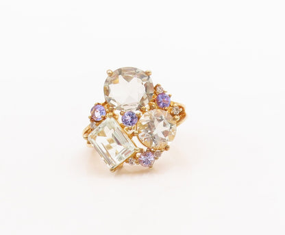 925 Sterling Silver Vintage Ring Gold Plated Brutalist Gemstones  Sz 8  RG29680