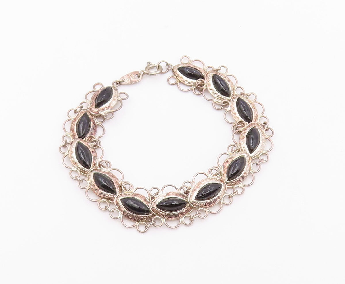 925 Silver  Vintage Open Circle Edge Marquise Black Onyx Chain Bracelet BT9559