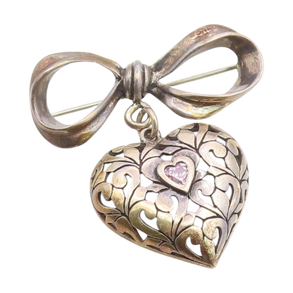 925 Sterling Silver Vintage Brooch Pin JEZLAINE Pink Topaz Heart & Bow  BP12337