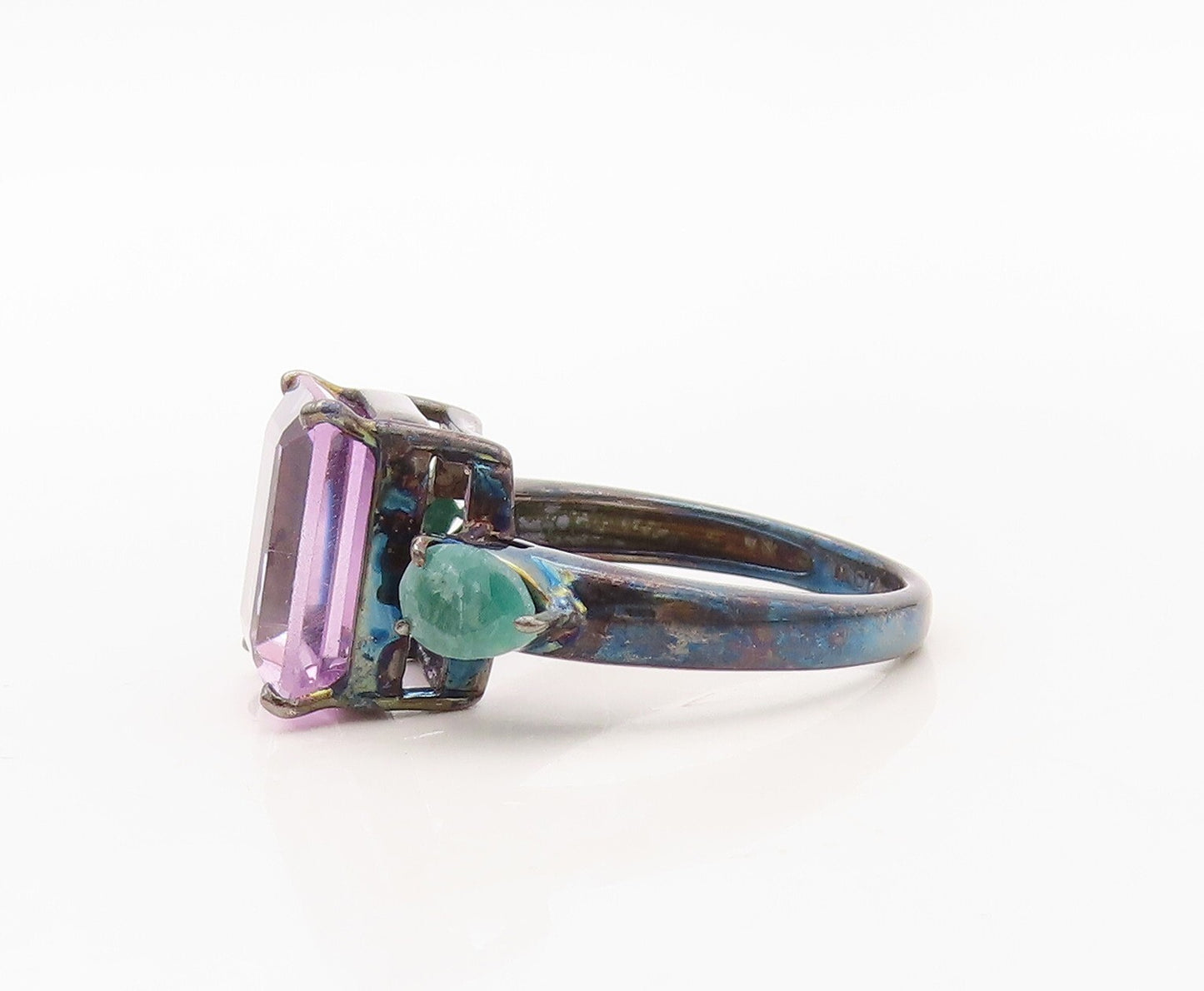 925 Sterling Silver Vintage Ring Amethyst & Drop Cut Green Gemstone Sz 8 RG30224