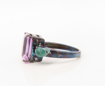 925 Sterling Silver Vintage Ring Amethyst & Drop Cut Green Gemstone Sz 8 RG30224