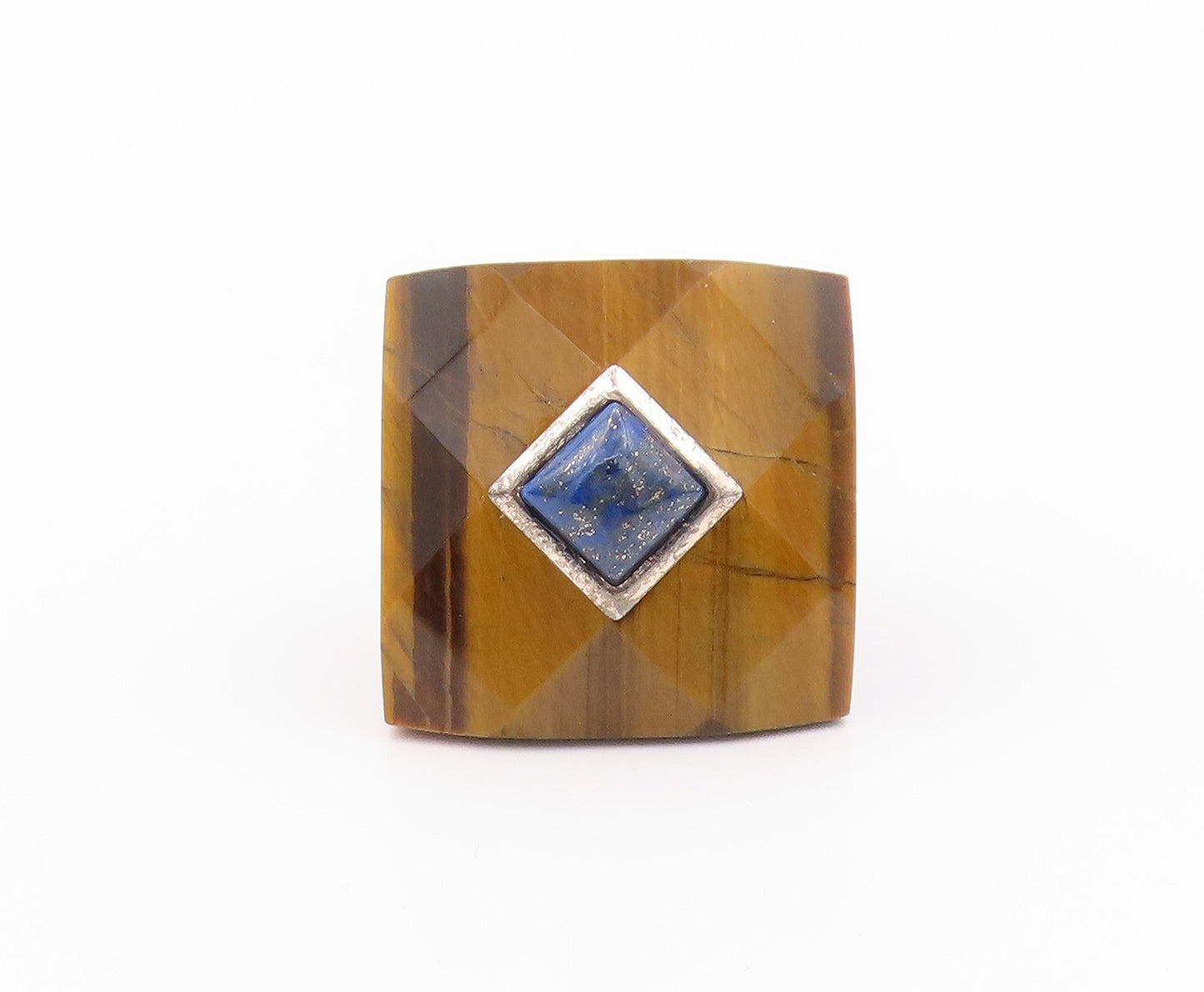 925 Sterling Silver Vintage Ring Tiger's Eye Square Lapis Lazuli  Sz 5  RG32622