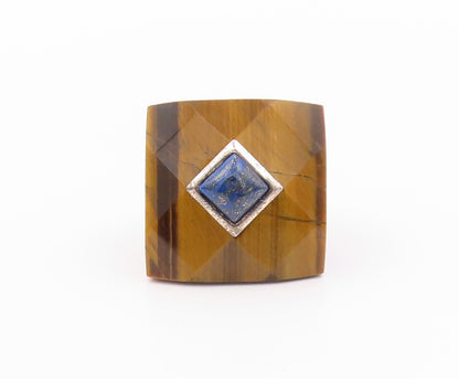 925 Sterling Silver Vintage Ring Tiger's Eye Square Lapis Lazuli  Sz 5  RG32622