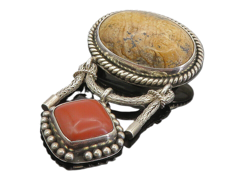 BALI 925 Sterling Silver  Vintage Cabochon Jasper Linked Brooch Pin  BP3260