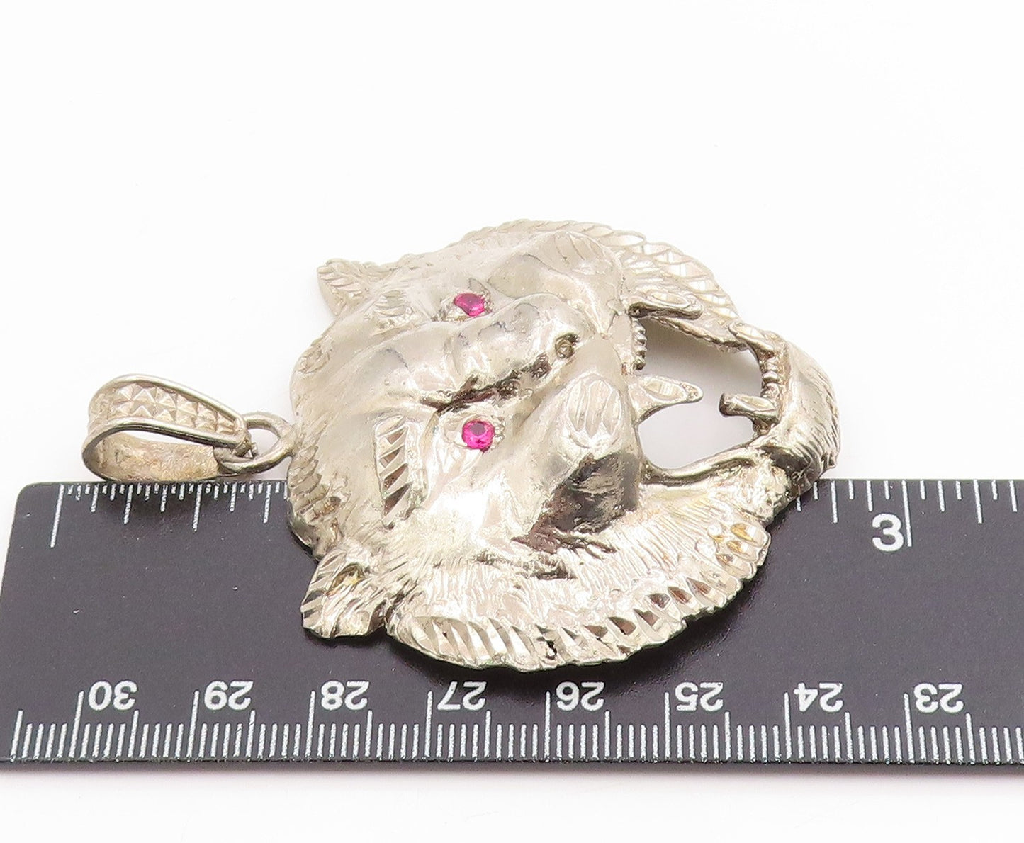 925 Sterling Silver Vintage Pendant Red Eyes CZ Roaring Wild Tiger Head PT25299