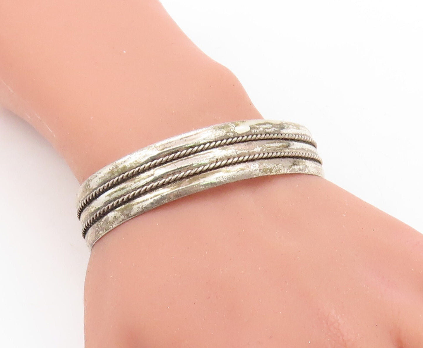 925 Sterling Silver Vintage Bracelet POST BELL Dark Tone Roped Cuff  BT10952