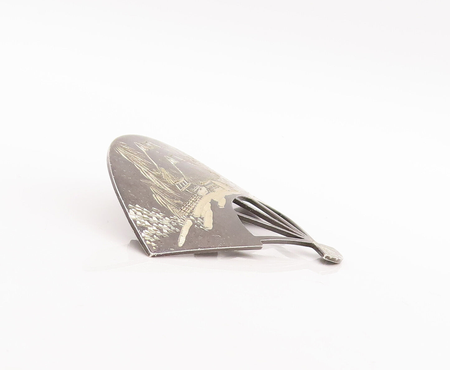 925 Sterling Silver Vintage Brooch Pin 1957 Japan Landscape Etched Fan  BP11090