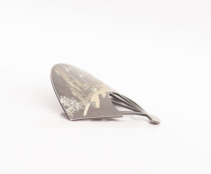 925 Sterling Silver Vintage Brooch Pin 1957 Japan Landscape Etched Fan  BP11090