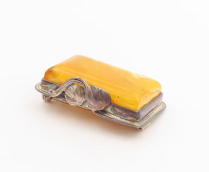 925 Sterling Silver Vintage Brooch POLAND Rectangular Amber Art Nouveau  BP11964