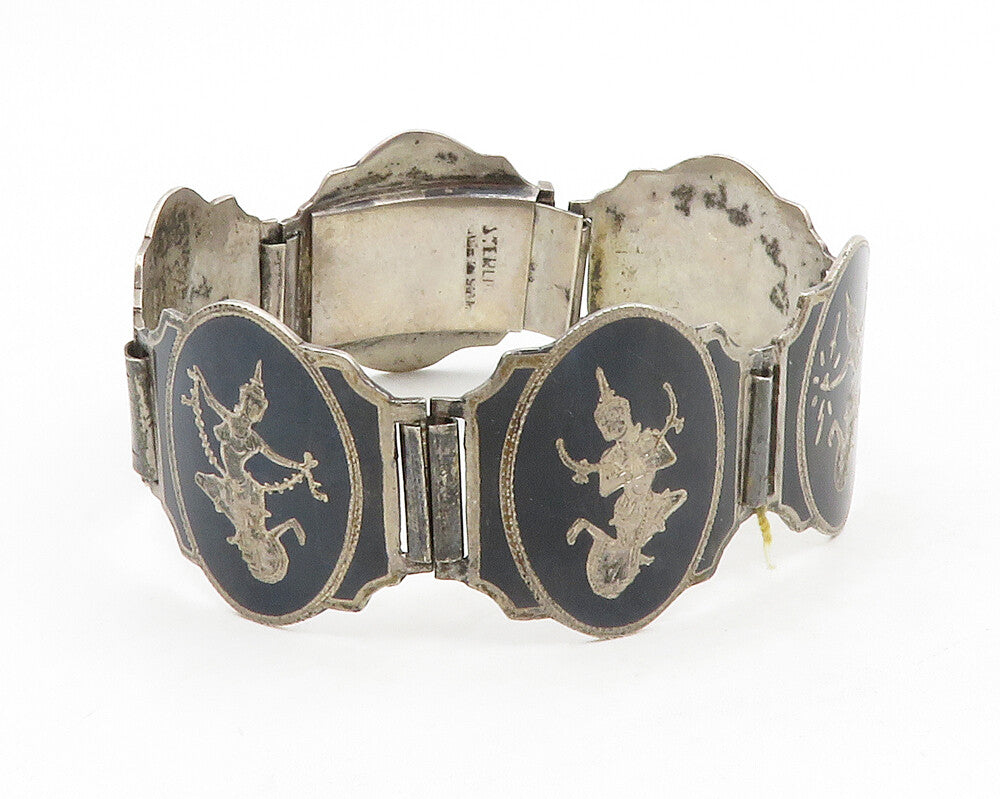 SIAM 925 Sterling Silver Vintage Niello Dancer Panel Chain Bracelet BT5135