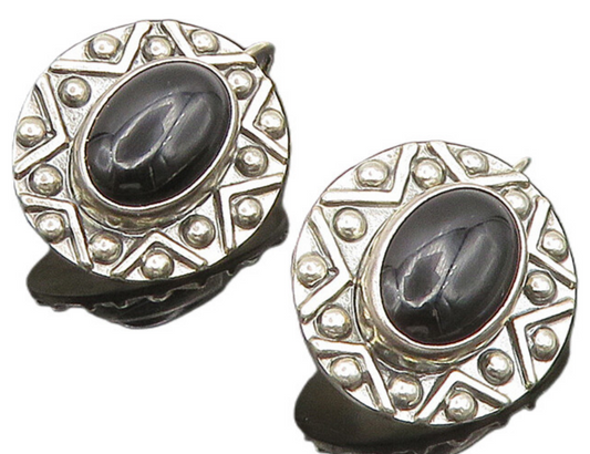 MEXICO 925 Silver  Vintage Black Onyx Star & Beads Drop Earrings  EG11621
