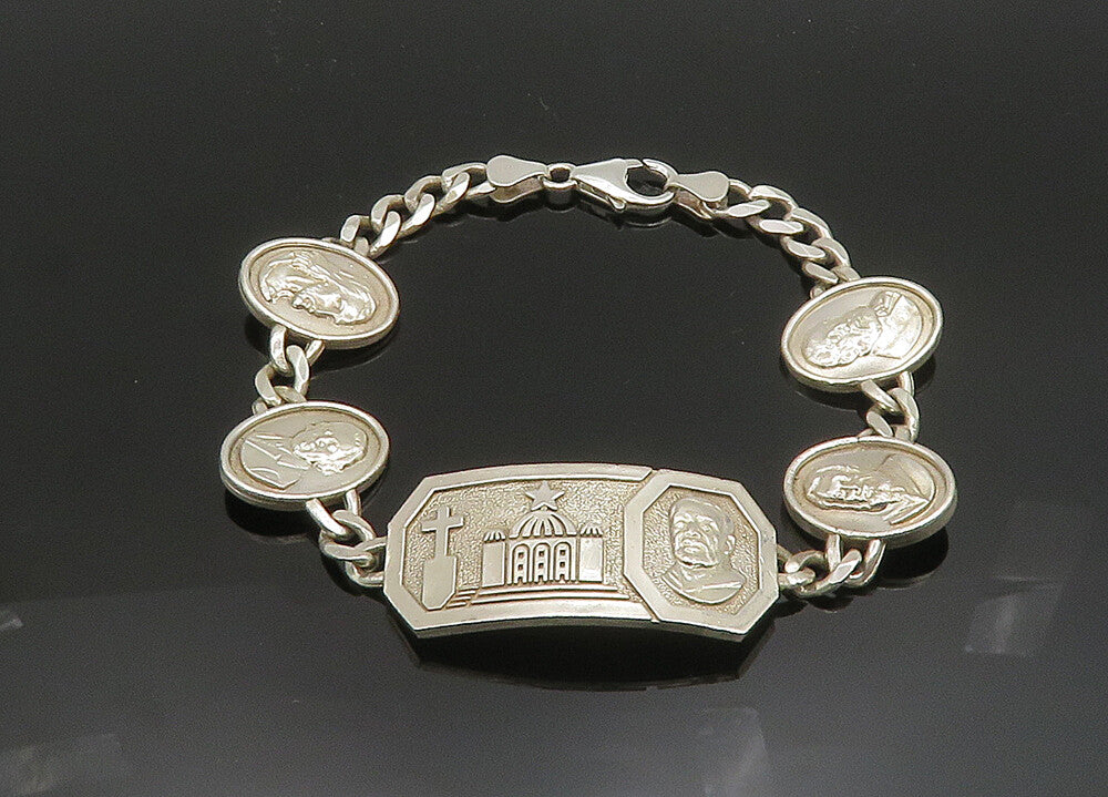 925 Sterling Silver  Shiny Religious Figures Curb Chain Bracelet  BT8018