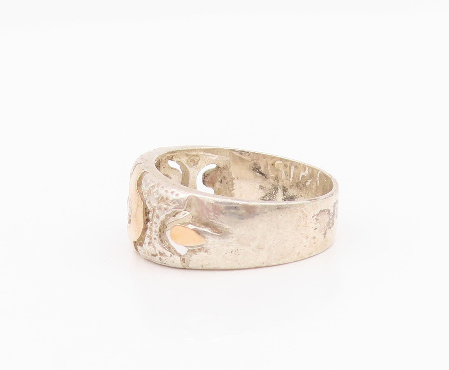 18k Gold 925 Sterling Silver Vintage Ring Cutout  Meander Pattern Sz 7.5 RG33079