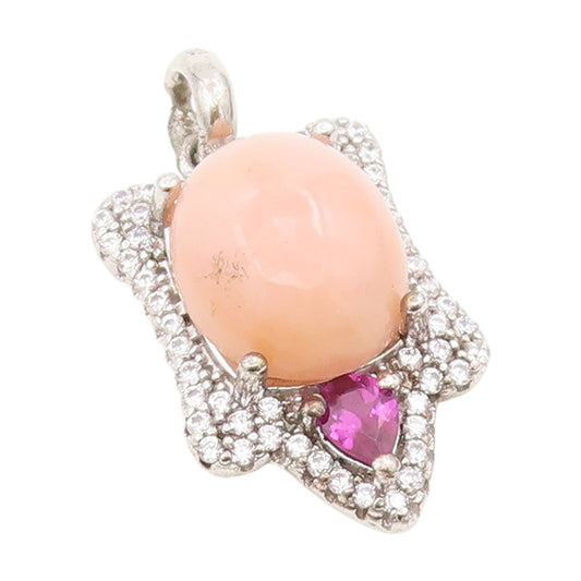 925 Sterling Silver Vintage Pendant Oval Cabochon Pink Coral & CZ Charm  PT25556