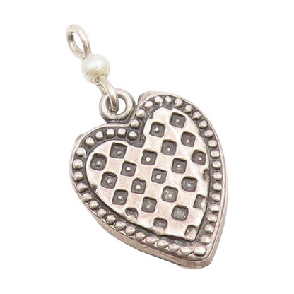925 Sterling Silver Vintage Petite Pearl Checkered Love Heart Pendant  PT16466