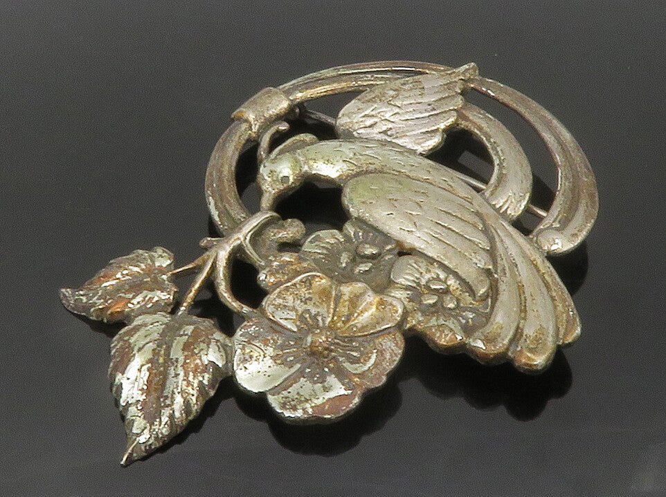 925 Sterling Silver  Vintage Dark Tone Bird Floral Vine Brooch Pin  BP5723
