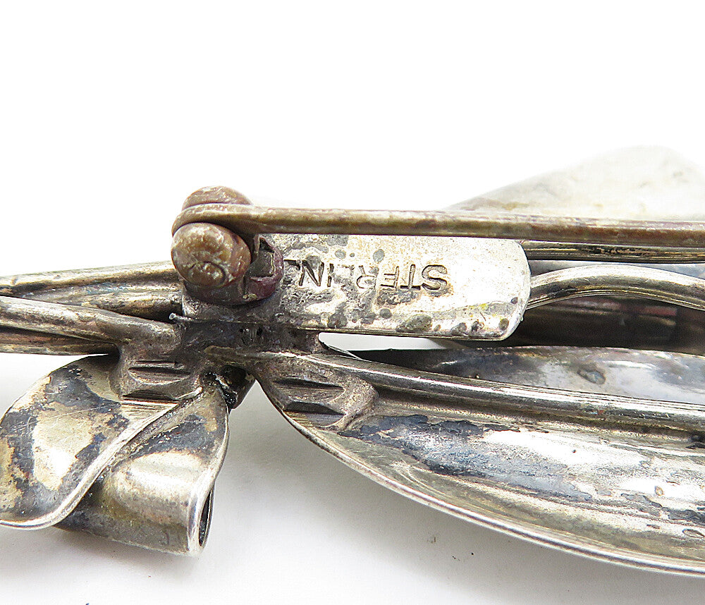 925 Sterling Silver  Vintage Ribbon Bow Tied Flowers Motif Brooch Pin  BP2062